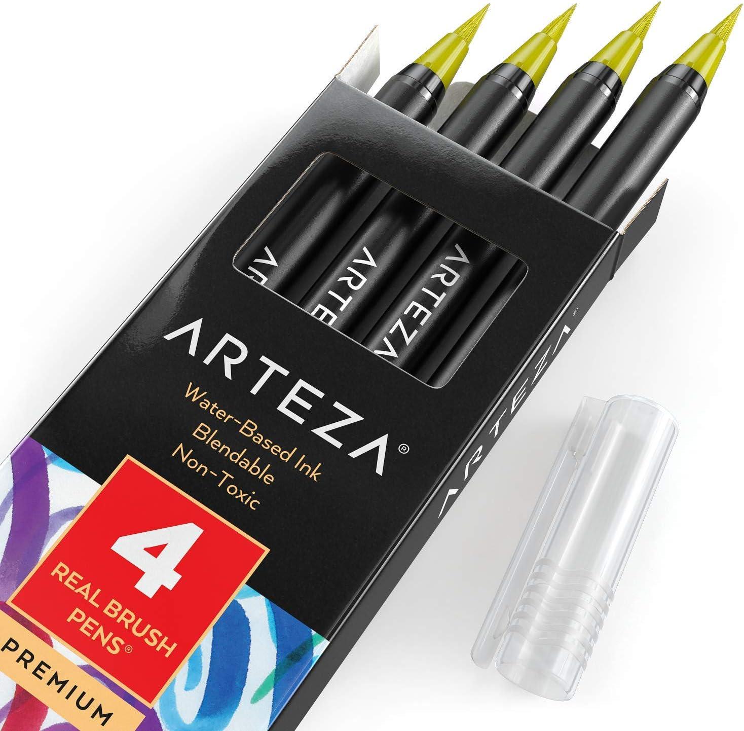 imageArteza Real Brush Pens A152 Acid Green Pack of 4 Watercolor Pens with Nylon Brush Tips Art Supplies for DryBrush Painting Sketching Coloring amp CalligraphyA154 Green Tea