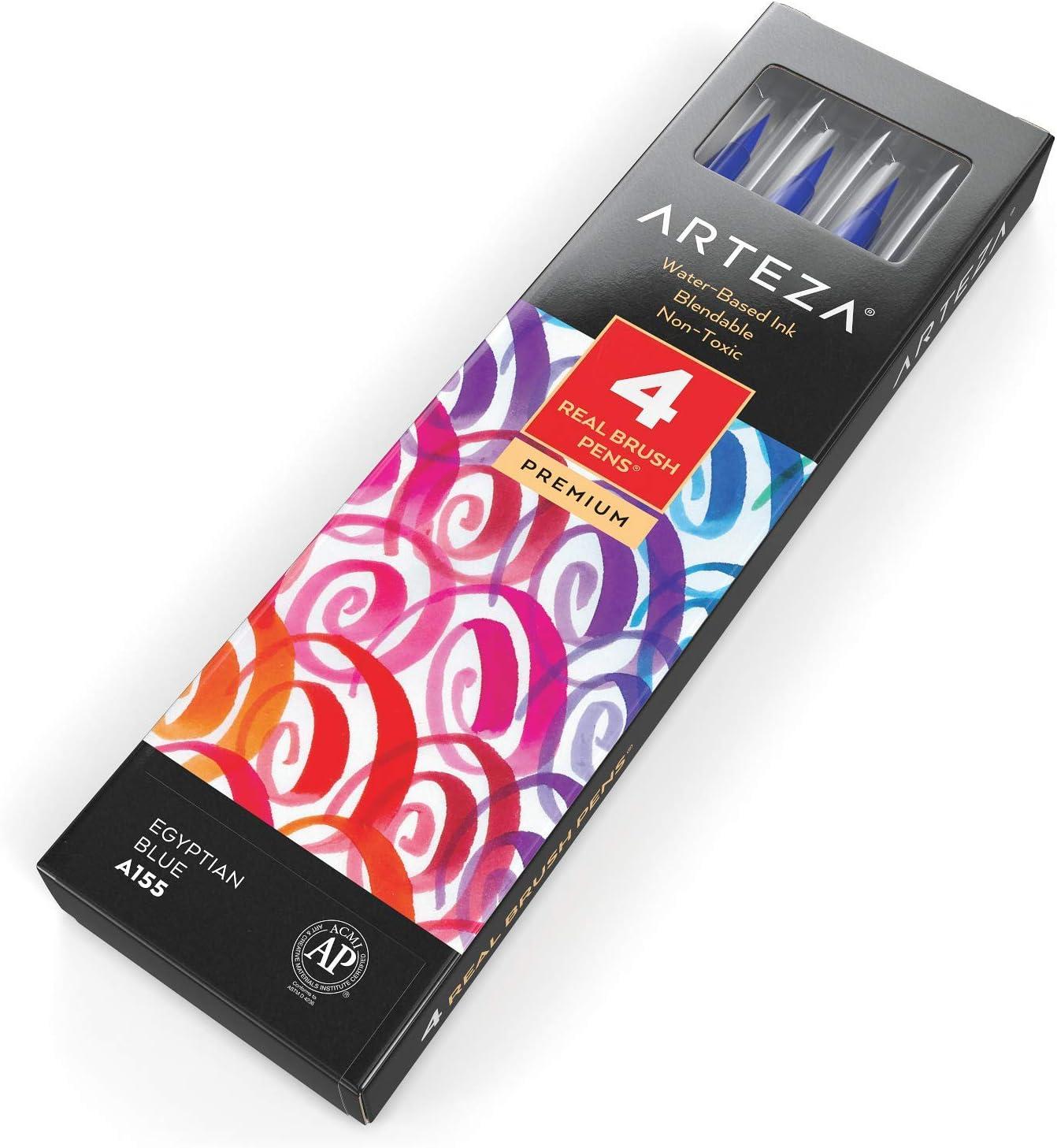 imageArteza Real Brush Pens A152 Acid Green Pack of 4 Watercolor Pens with Nylon Brush Tips Art Supplies for DryBrush Painting Sketching Coloring amp CalligraphyA155 Egyptian Blue