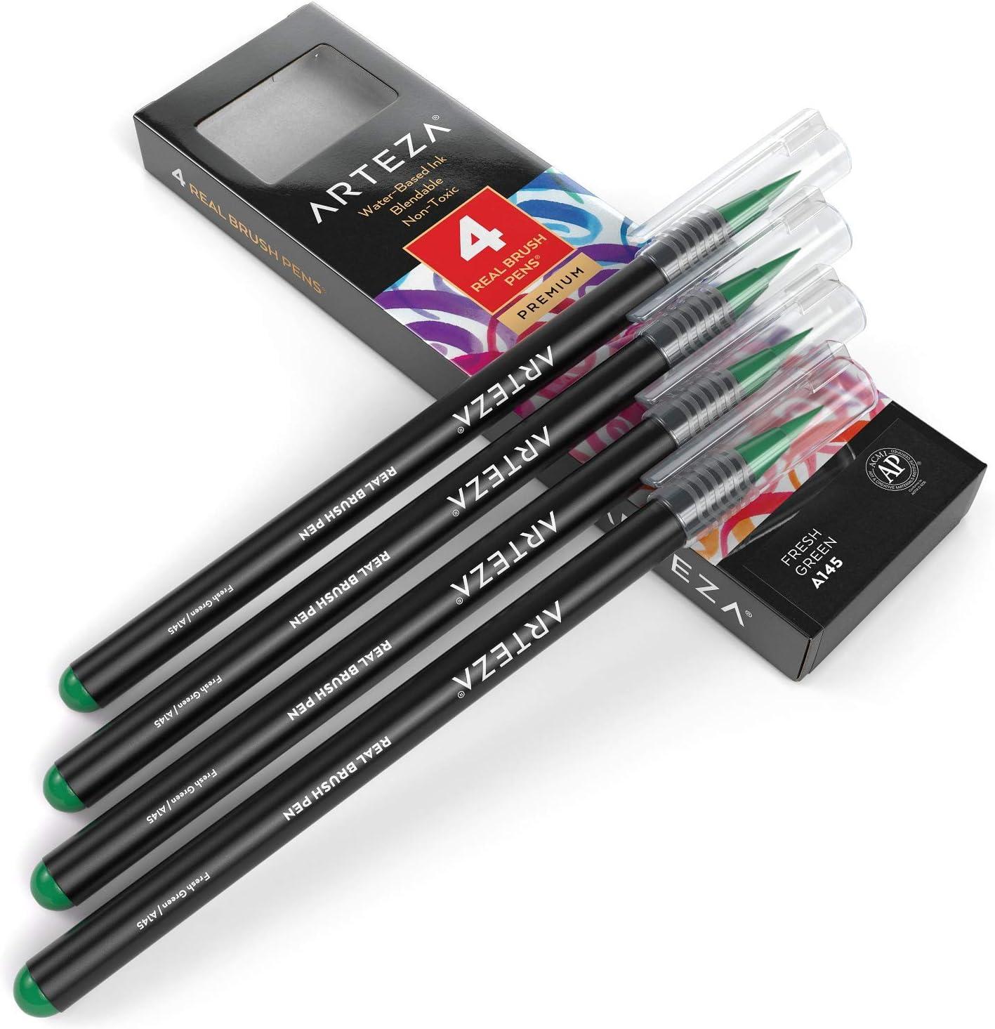 imageArteza Real Brush Pens A152 Acid Green Pack of 4 Watercolor Pens with Nylon Brush Tips Art Supplies for DryBrush Painting Sketching Coloring amp CalligraphyA145 Fresh Green