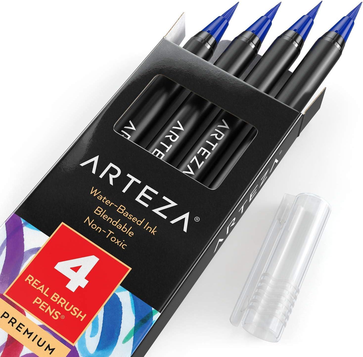 imageArteza Real Brush Pens A152 Acid Green Pack of 4 Watercolor Pens with Nylon Brush Tips Art Supplies for DryBrush Painting Sketching Coloring amp CalligraphyA168 True Blue