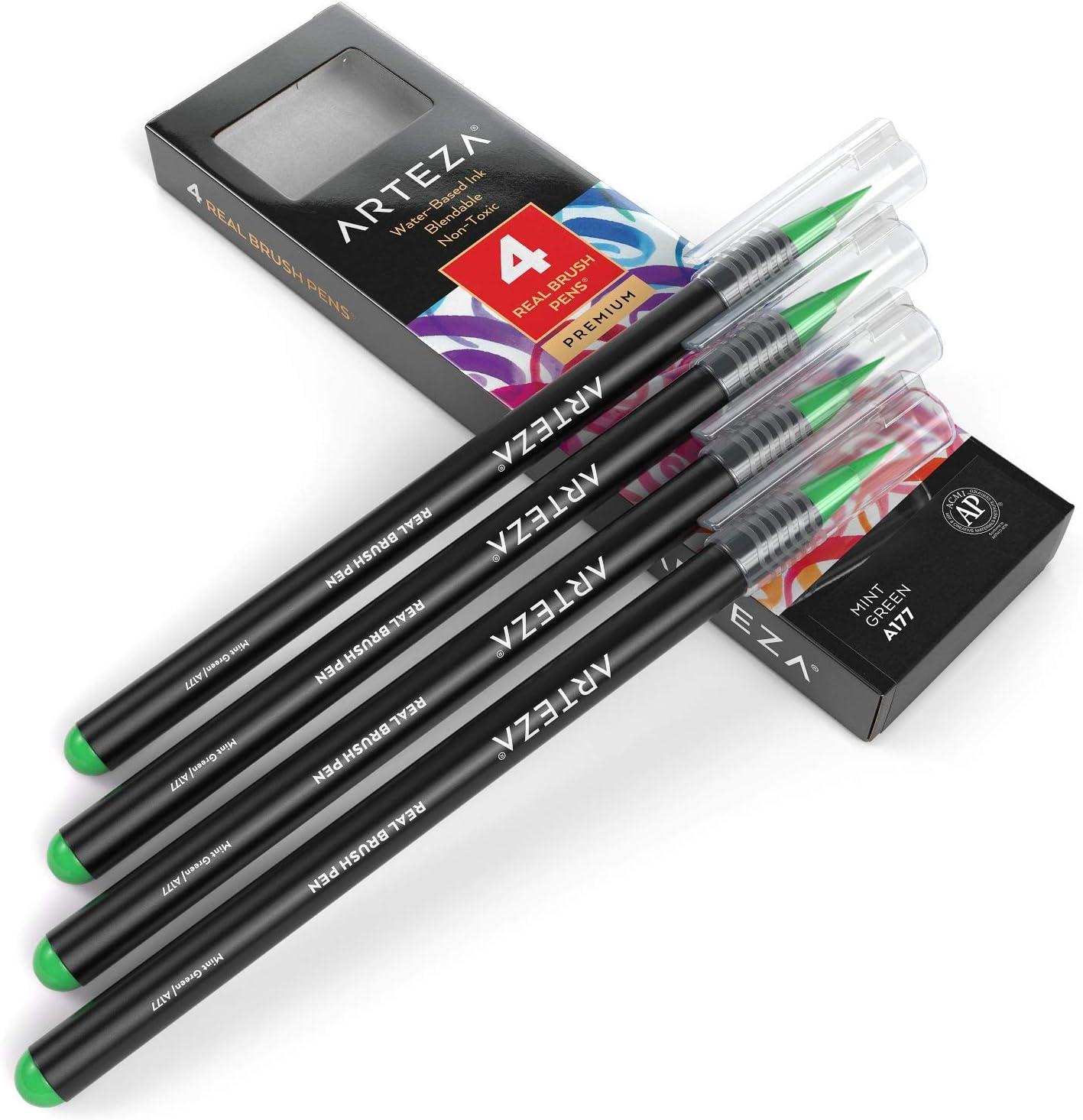 imageArteza Real Brush Pens A152 Acid Green Pack of 4 Watercolor Pens with Nylon Brush Tips Art Supplies for DryBrush Painting Sketching Coloring amp CalligraphyA177 Mint Green