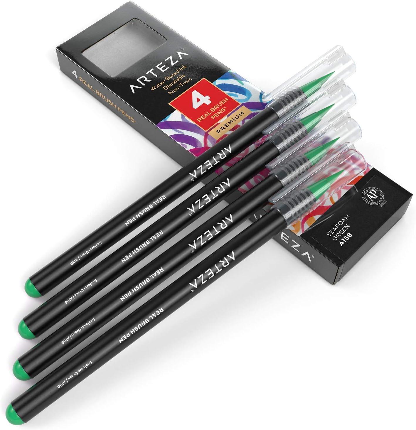 imageArteza Real Brush Pens A152 Acid Green Pack of 4 Watercolor Pens with Nylon Brush Tips Art Supplies for DryBrush Painting Sketching Coloring amp CalligraphyA158 Seafoam Green