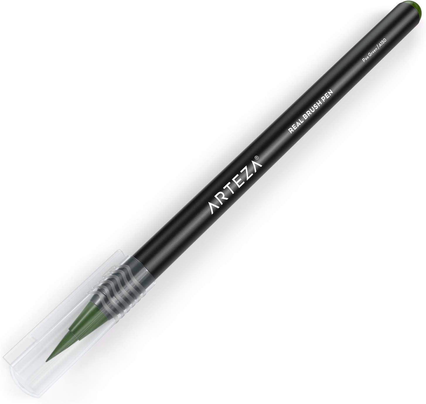 imageArteza Real Brush Pens A152 Acid Green Pack of 4 Watercolor Pens with Nylon Brush Tips Art Supplies for DryBrush Painting Sketching Coloring amp CalligraphyA150 Pea Green