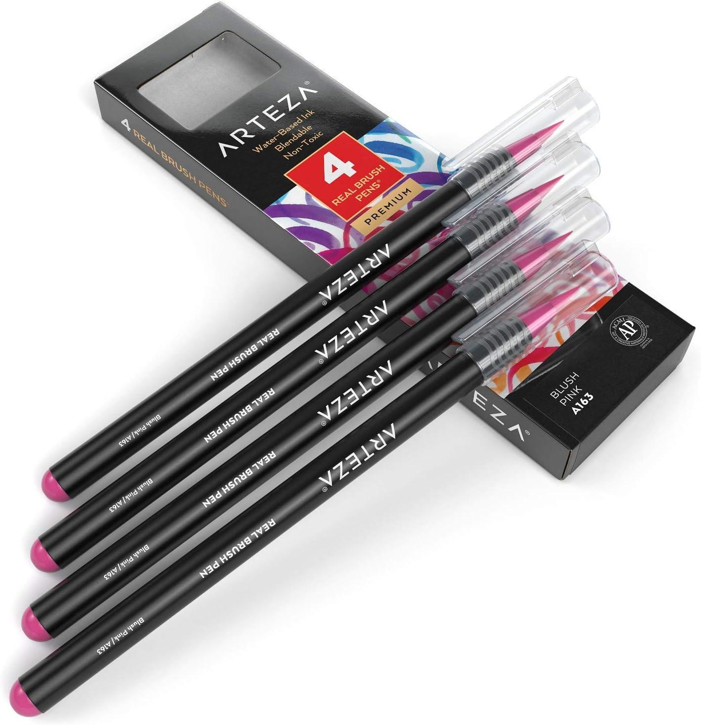 imageArteza Real Brush Pens A152 Acid Green Pack of 4 Watercolor Pens with Nylon Brush Tips Art Supplies for DryBrush Painting Sketching Coloring amp CalligraphyA163 Blush Pink