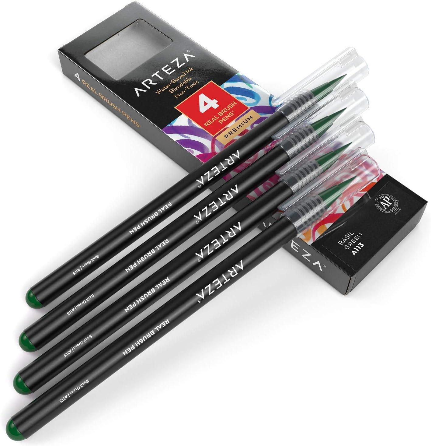 imageArteza Real Brush Pens A152 Acid Green Pack of 4 Watercolor Pens with Nylon Brush Tips Art Supplies for DryBrush Painting Sketching Coloring amp CalligraphyA113 Basil Green