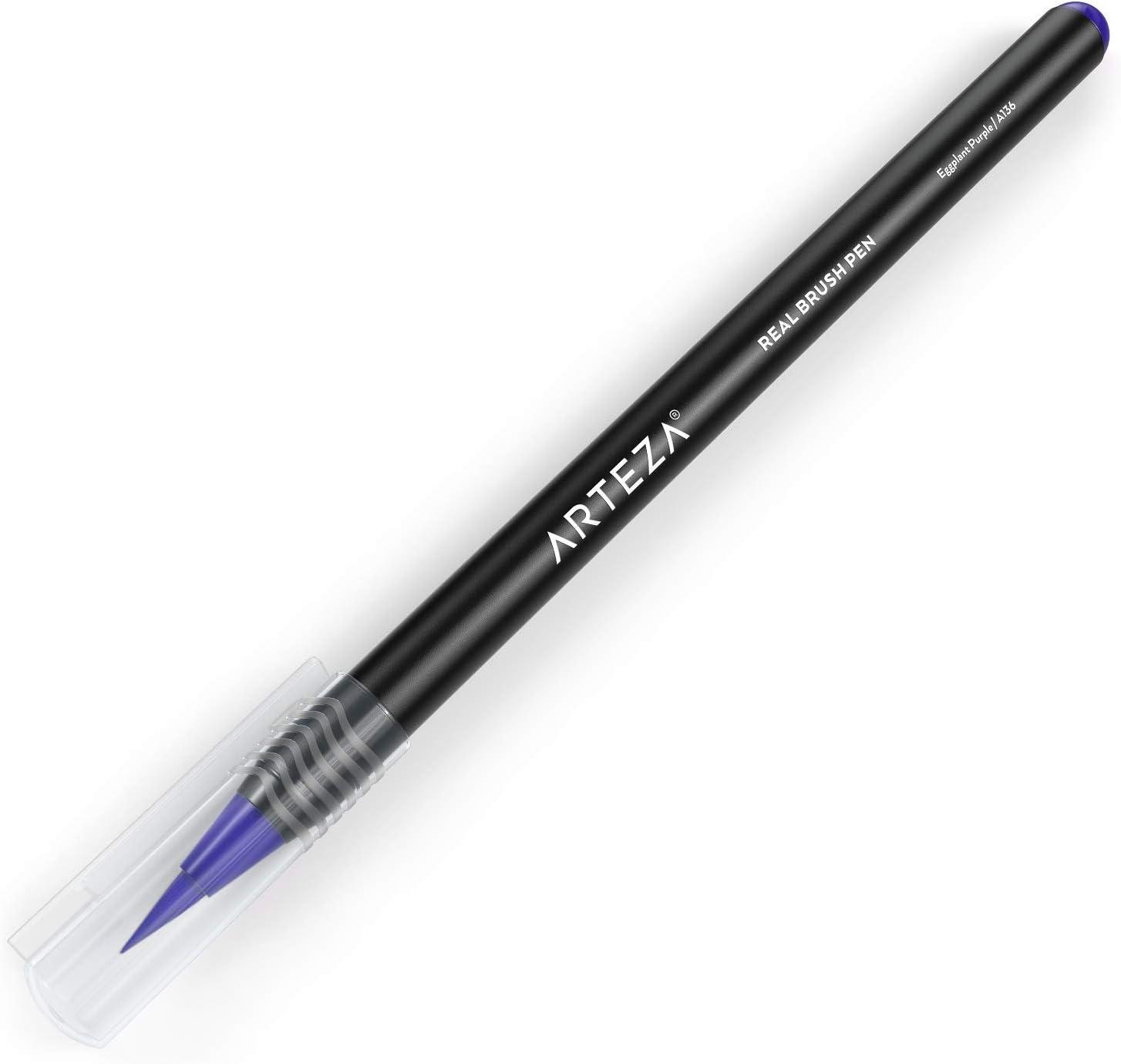 imageArteza Real Brush Pens A152 Acid Green Pack of 4 Watercolor Pens with Nylon Brush Tips Art Supplies for DryBrush Painting Sketching Coloring amp CalligraphyA136 Eggplant Purple