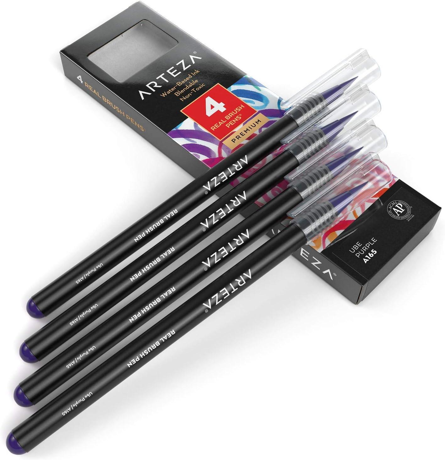 imageArteza Real Brush Pens A152 Acid Green Pack of 4 Watercolor Pens with Nylon Brush Tips Art Supplies for DryBrush Painting Sketching Coloring amp CalligraphyA165 Ube Purple