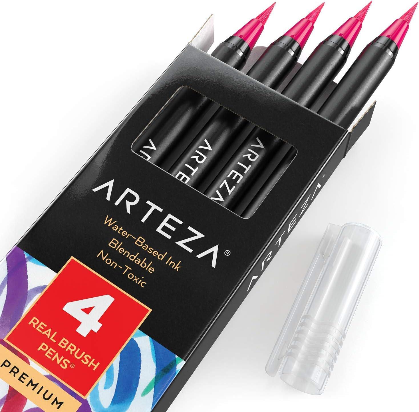 imageArteza Real Brush Pens A152 Acid Green Pack of 4 Watercolor Pens with Nylon Brush Tips Art Supplies for DryBrush Painting Sketching Coloring amp CalligraphyA196 Hot Pink