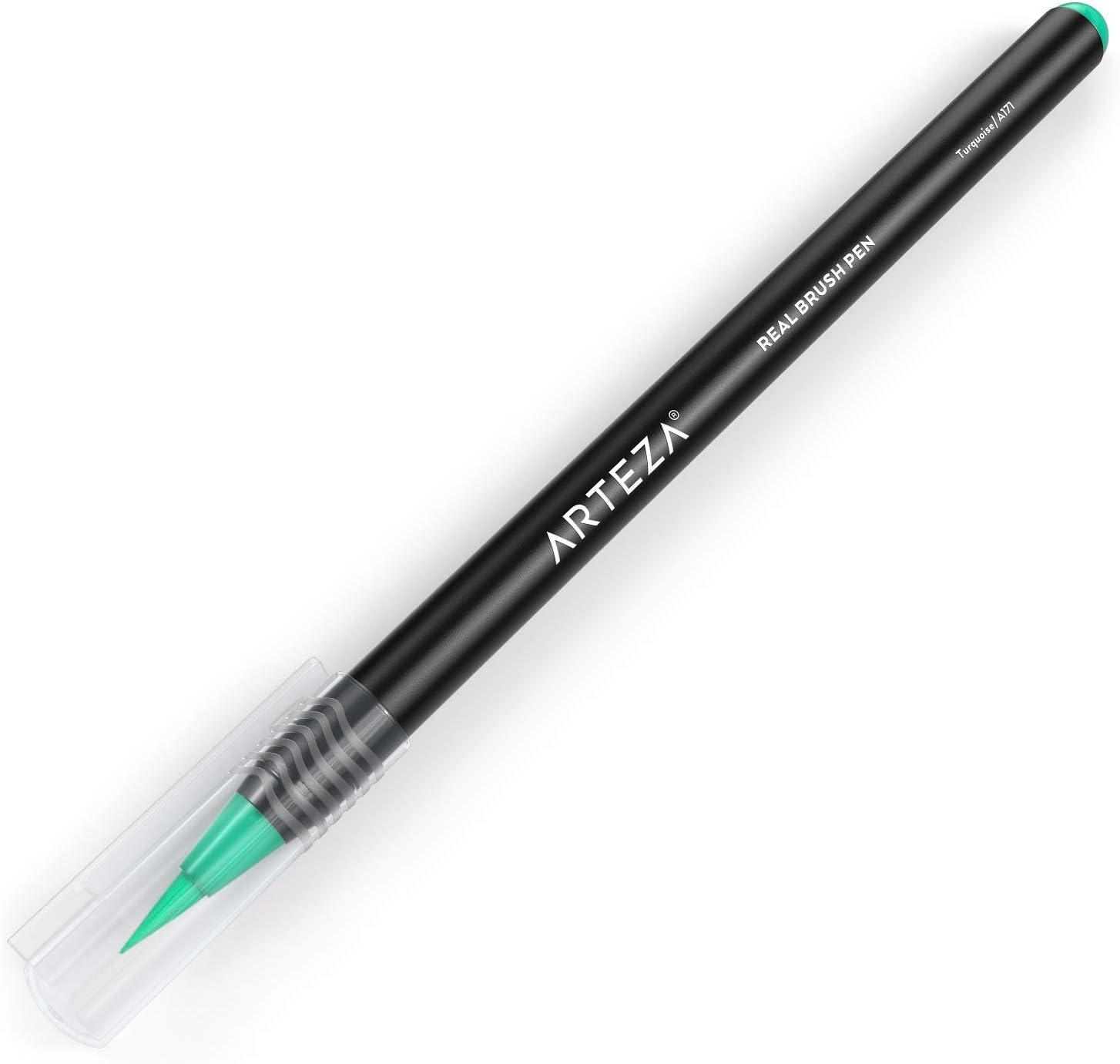 imageArteza Real Brush Pens A152 Acid Green Pack of 4 Watercolor Pens with Nylon Brush Tips Art Supplies for DryBrush Painting Sketching Coloring amp CalligraphyA171 Turquoise
