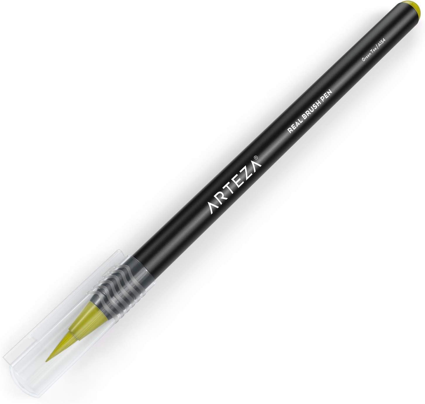 imageArteza Real Brush Pens A152 Acid Green Pack of 4 Watercolor Pens with Nylon Brush Tips Art Supplies for DryBrush Painting Sketching Coloring amp CalligraphyA154 Green Tea