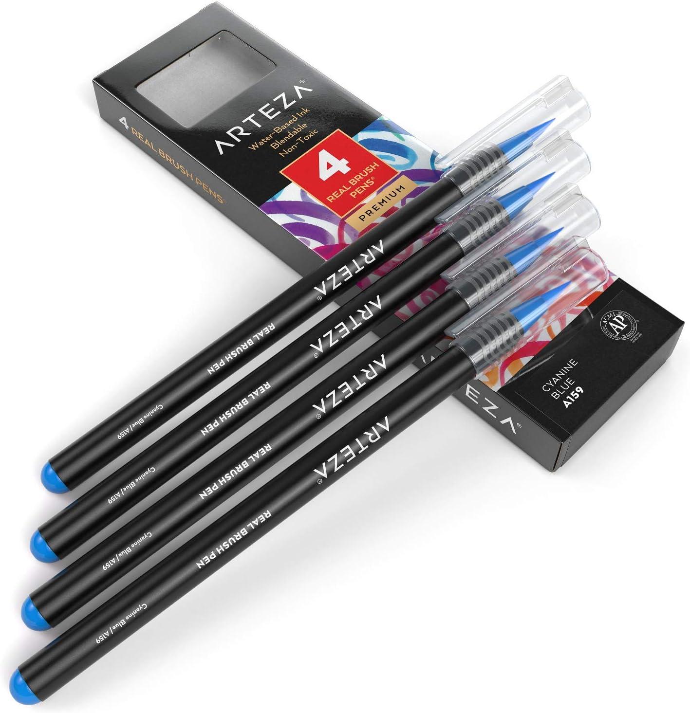 imageArteza Real Brush Pens A152 Acid Green Pack of 4 Watercolor Pens with Nylon Brush Tips Art Supplies for DryBrush Painting Sketching Coloring amp CalligraphyA159 Cyanine Blue