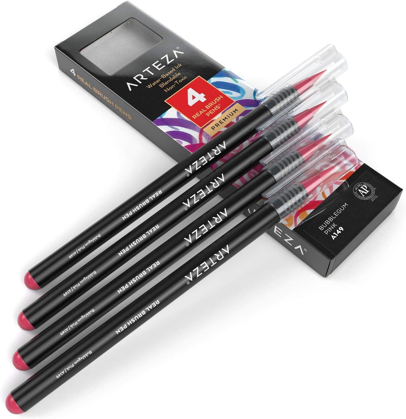 imageArteza Real Brush Pens A152 Acid Green Pack of 4 Watercolor Pens with Nylon Brush Tips Art Supplies for DryBrush Painting Sketching Coloring amp CalligraphyA149 Bubblegum Pink