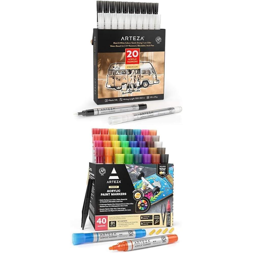 imageARTEZA Acrylic Paint Markers Pack of 20 and Acrylic Paint Markers Set of 40 Acrylic Paint Pens in Assorted Colors