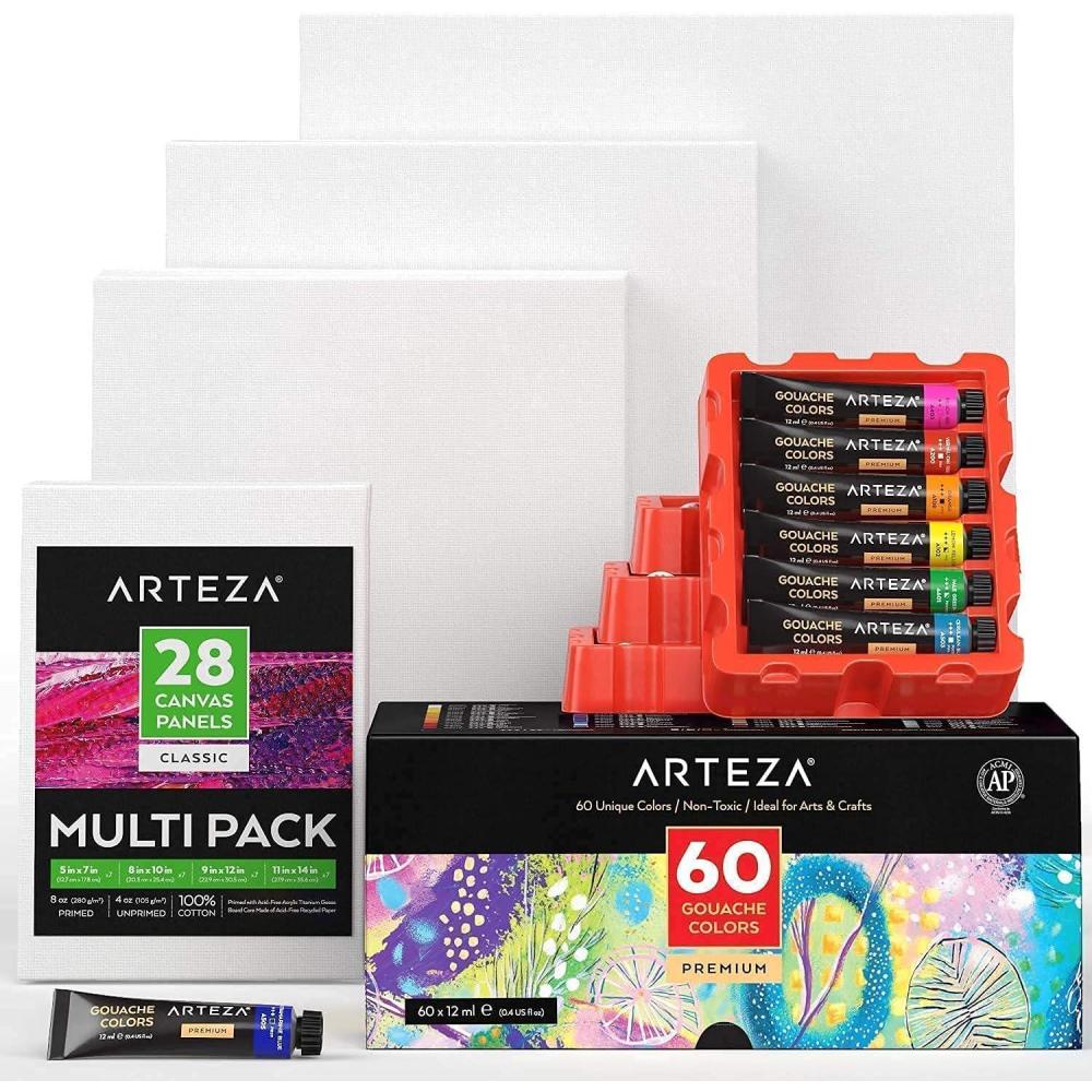 imageARTEZA Gouache Colors and Canvas Panels multipack Bundle Painting Art Supplies for Artist Hobby Painters amp Beginners