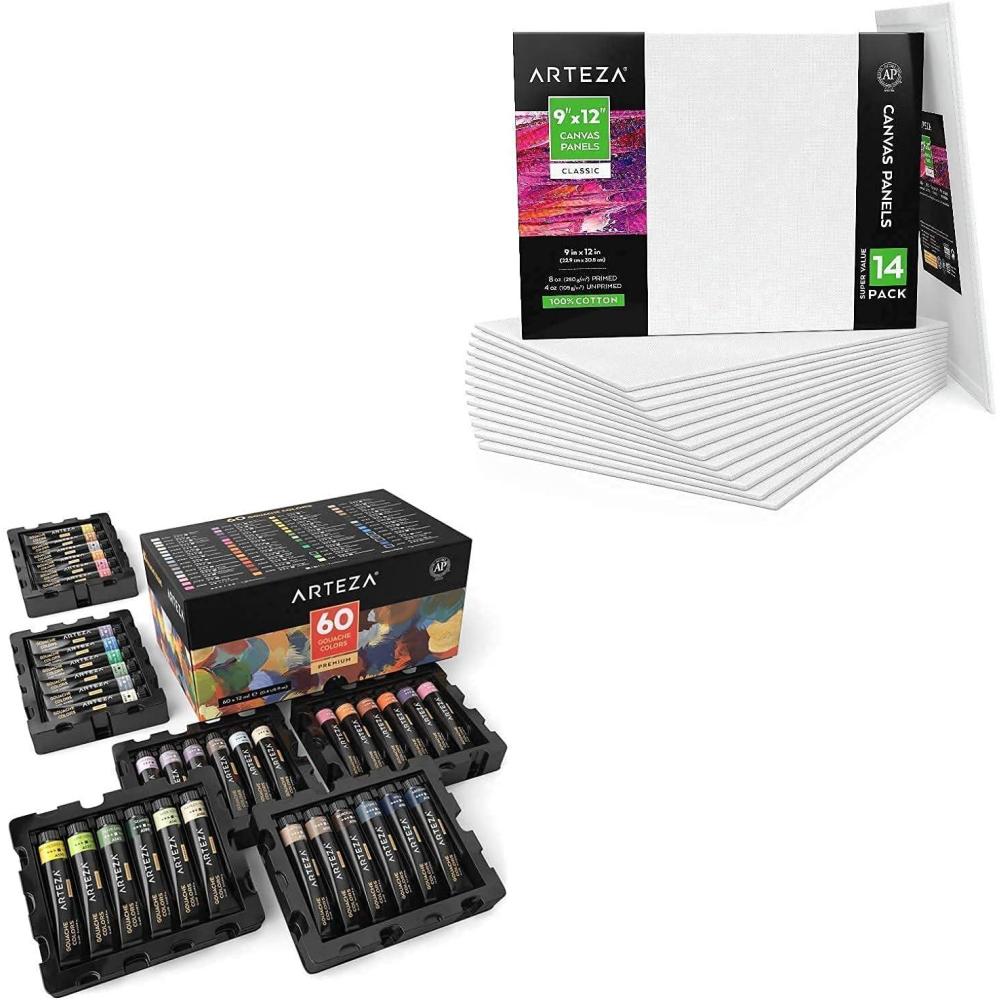imageARTEZA Gouache Colors and Canvases Bundle Painting Art Supplies for Artist Hobby Painters amp Beginners