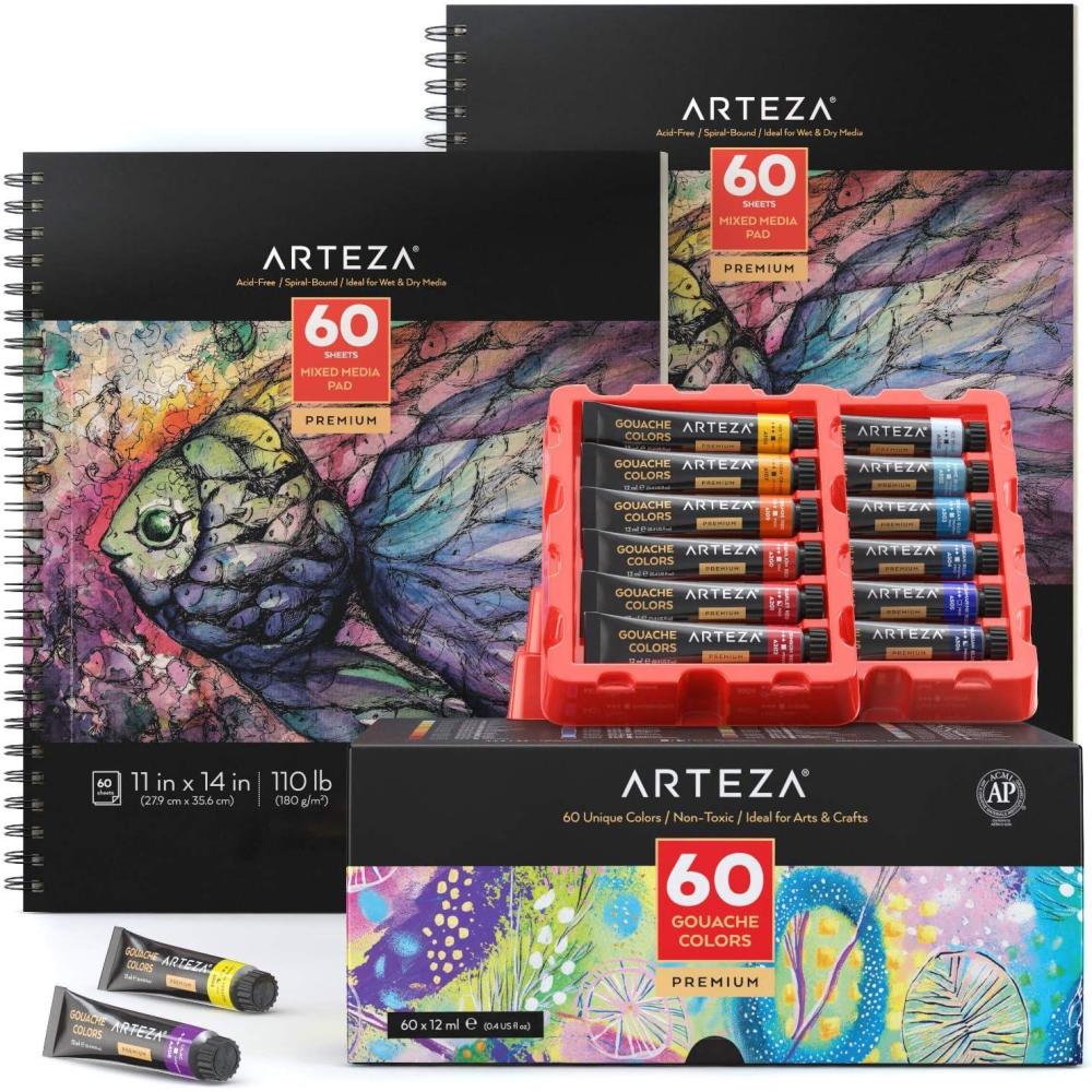 imageARTEZA Gouache Paint Set of 60 Colors with 11x14 Mixed Media Sketch Book 2 Pack Painting Art Supplies for Artist Hobby Painters amp Beginners