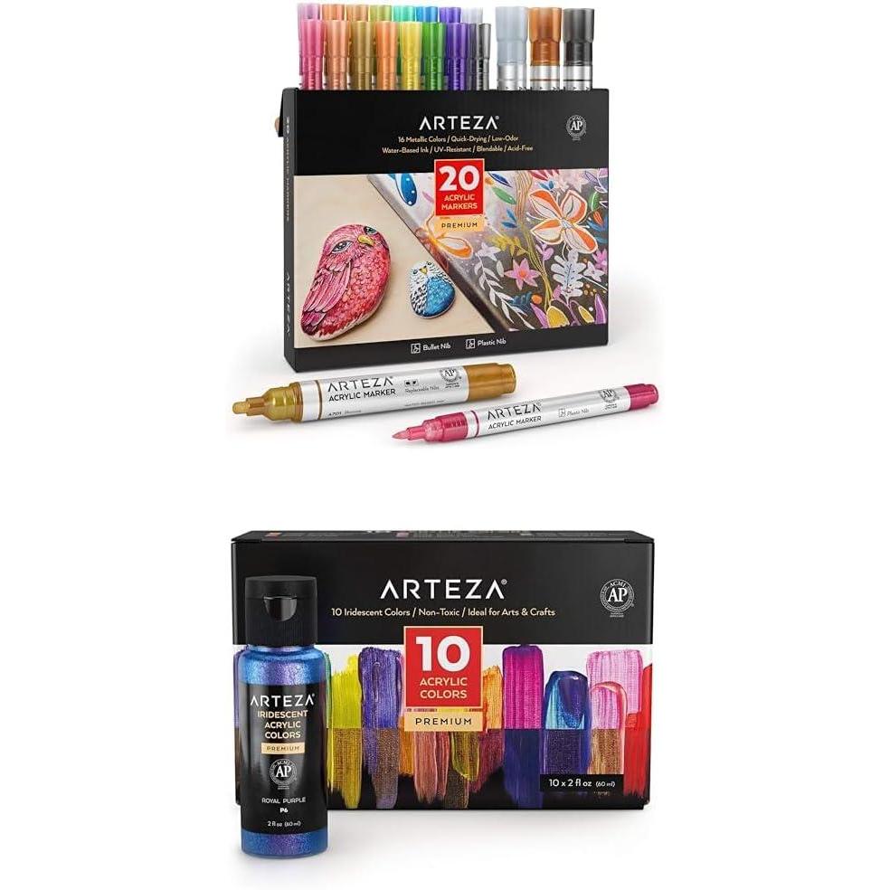 imageARTEZA Metallic Acrylic Paint Markers Set of 20 and Iridescent Acrylic Paint Set of 10 Chameleon Colors