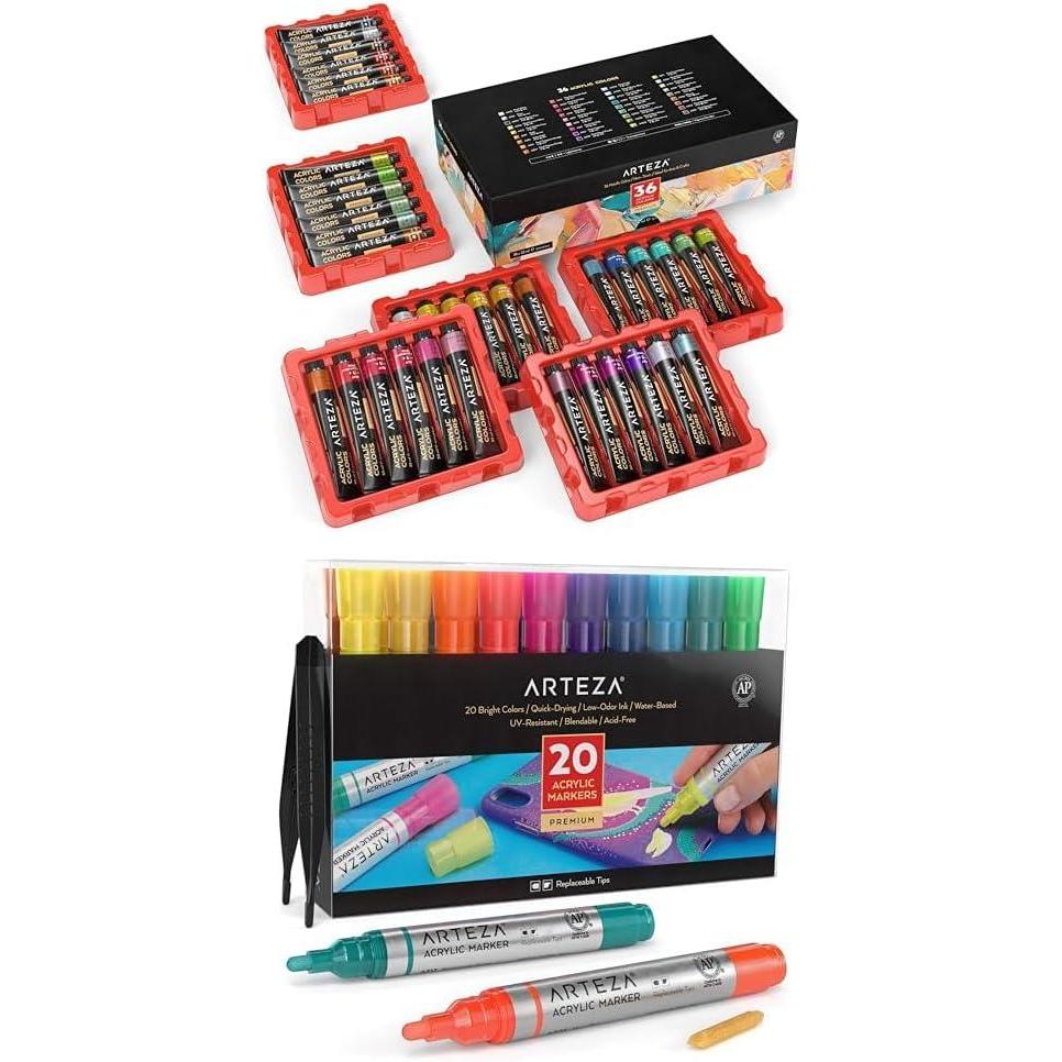 imageARTEZA Metallic Acrylic Paint Set of 36 Colors and Acrylic Paint Markers Set of 20 Acrylic Paint Pens in Assorted Colors