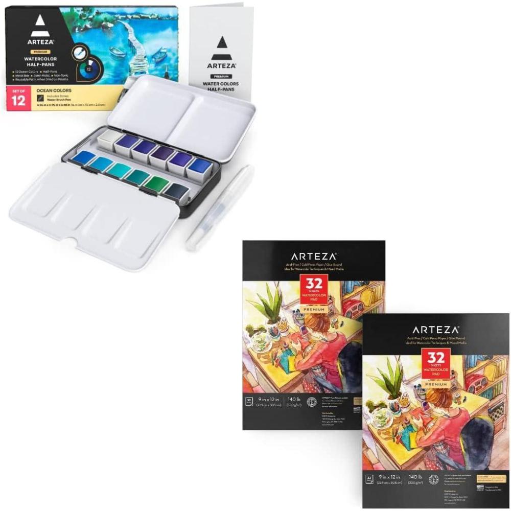 imageARTEZA Watercolor Paint Set with Water Brush 12 Watercolor Half Pans in Ocean Tones Watercolor Paper 9x12 Inch Pack of 2 64 Sheets Art Supplies for Painting amp Drawing Wet Mixed Media