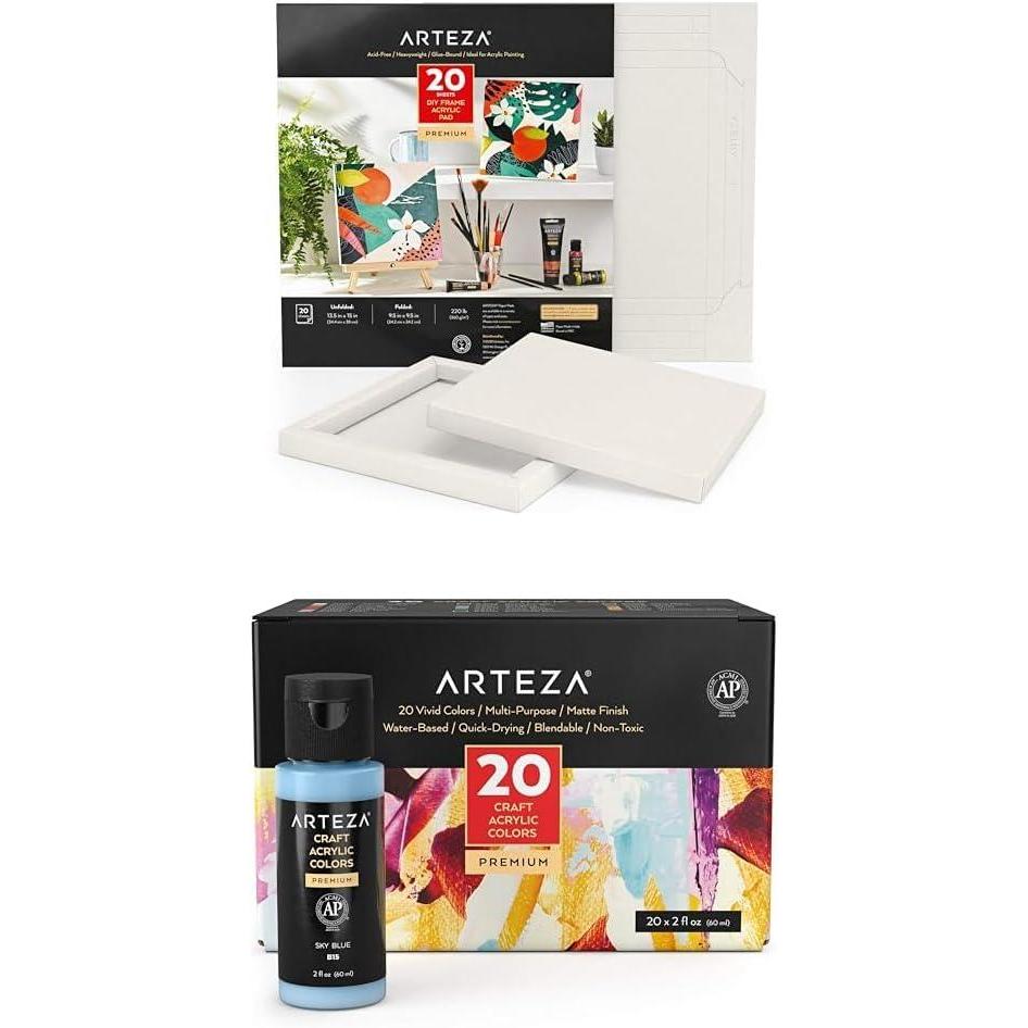 imageArteza Acrylic Paper Foldable Canvas Pad 95x95 Inches and Craft Acrylic Paint Set of 20 Colors