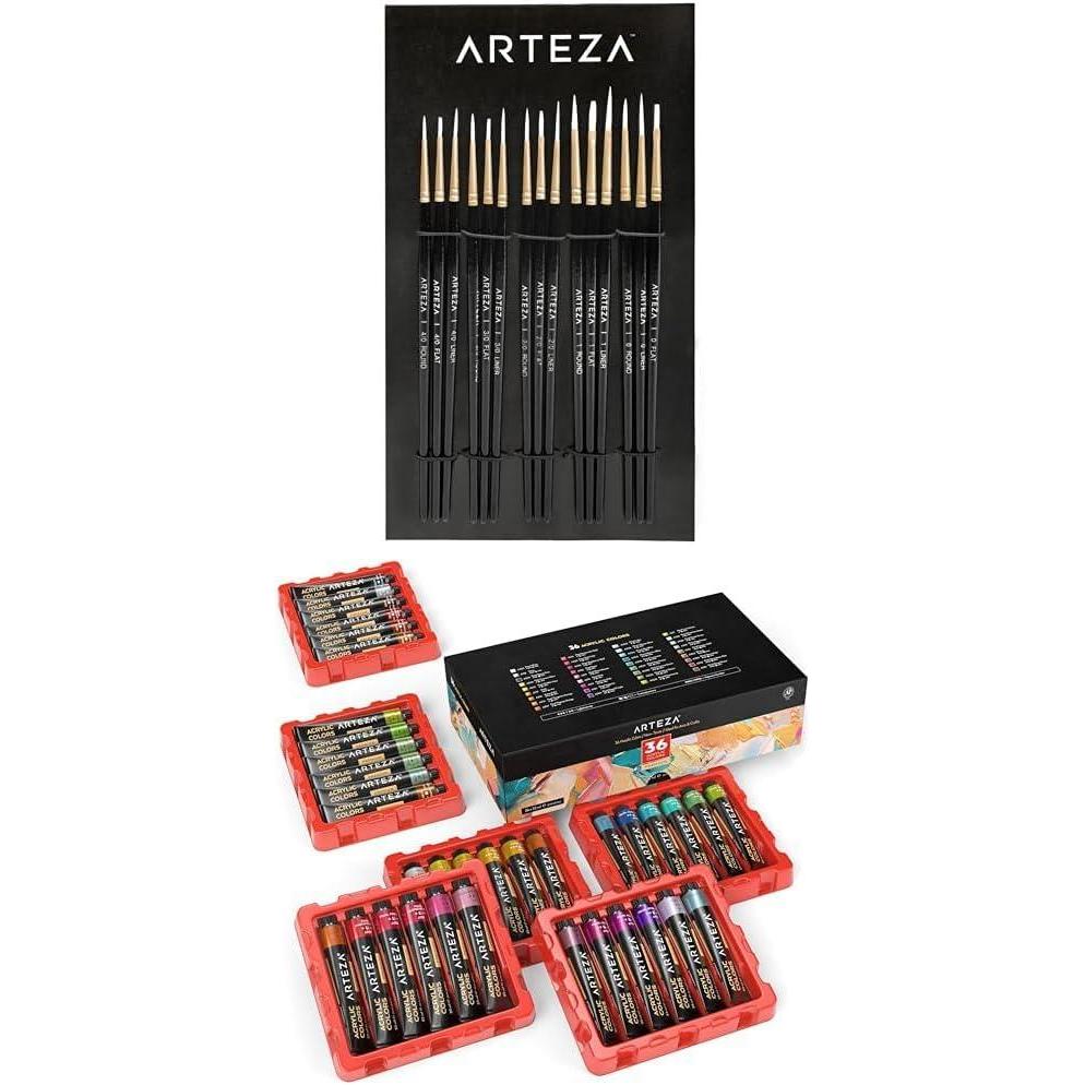 imageArteza Detail Paint Brushes Set of 15 and Metallic Acrylic Paint Arteza Set of 36 Colors