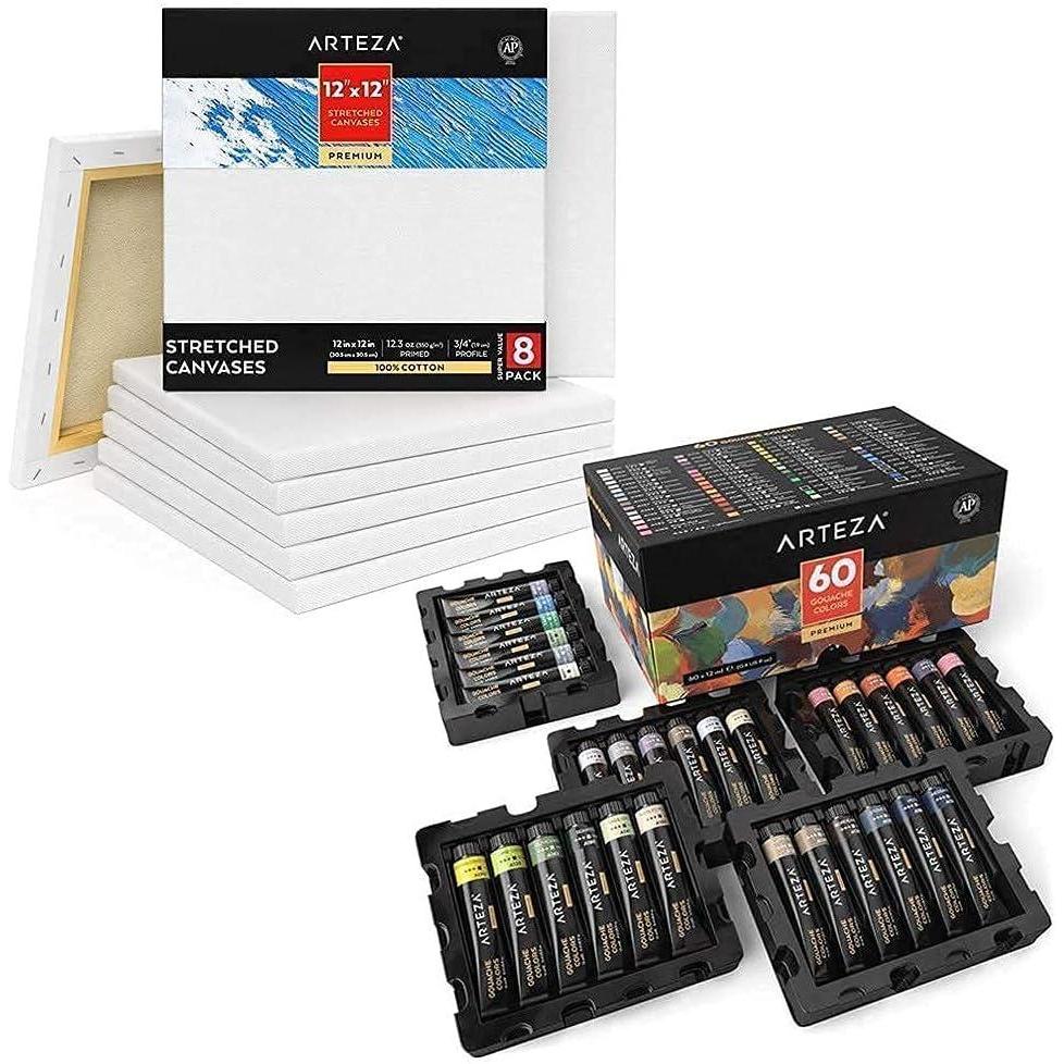 imageArteza Gouache Paint and Stretched Canvas Bundle Painting Art Supplies for Artist Hobby Painters amp Beginners