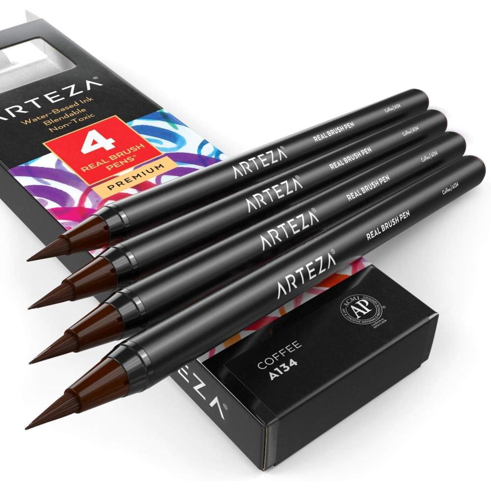 imageArteza Real Brush Pens A152 Acid Green Pack of 4 Watercolor Pens with Nylon Brush Tips Art Supplies for DryBrush Painting Sketching Coloring amp CalligraphyA134 Coffee