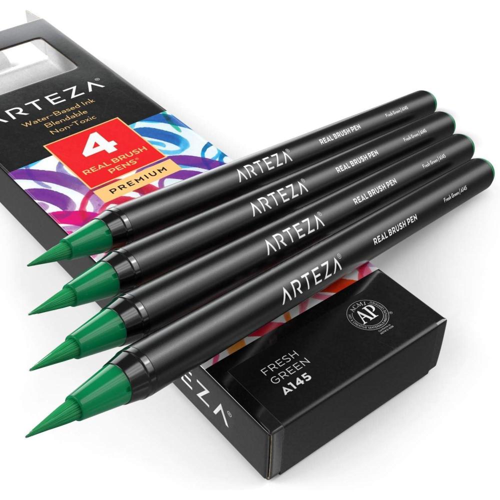 imageArteza Real Brush Pens A152 Acid Green Pack of 4 Watercolor Pens with Nylon Brush Tips Art Supplies for DryBrush Painting Sketching Coloring amp CalligraphyA145 Fresh Green