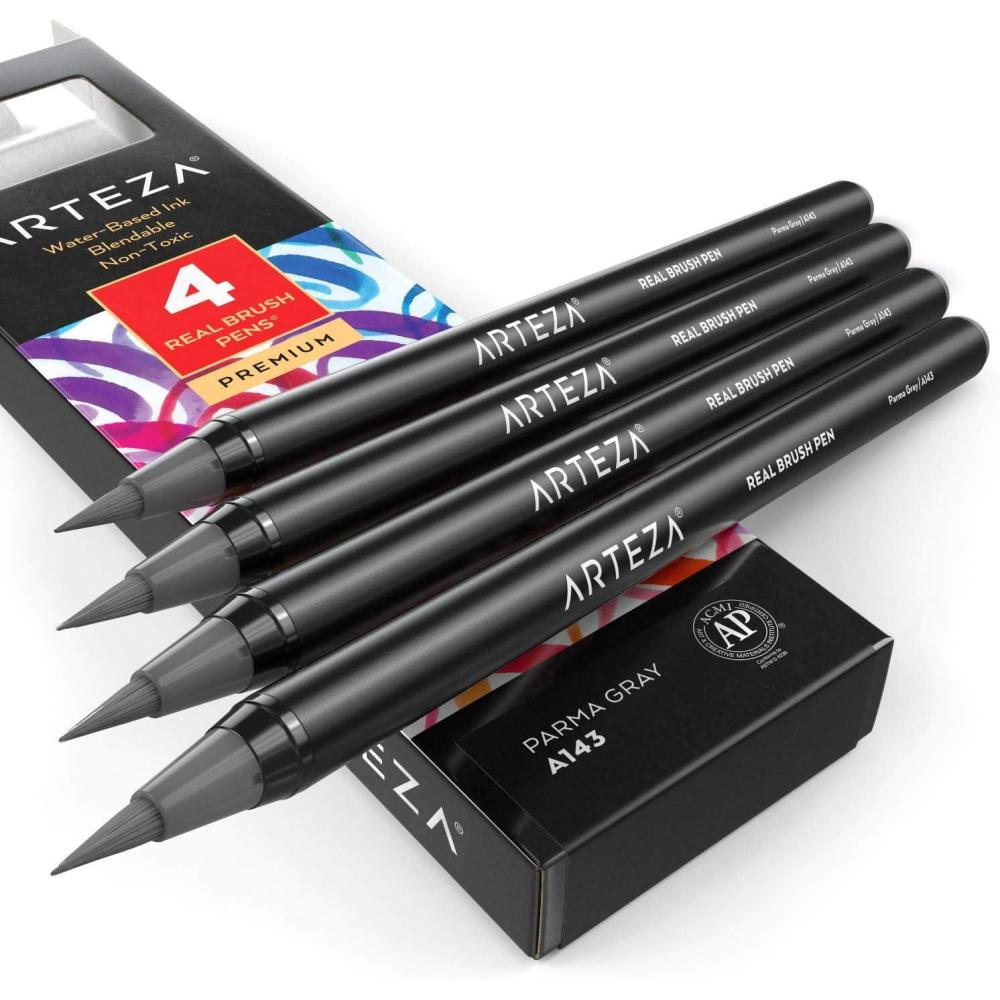 imageArteza Real Brush Pens A152 Acid Green Pack of 4 Watercolor Pens with Nylon Brush Tips Art Supplies for DryBrush Painting Sketching Coloring amp CalligraphyA143 Parma Gray