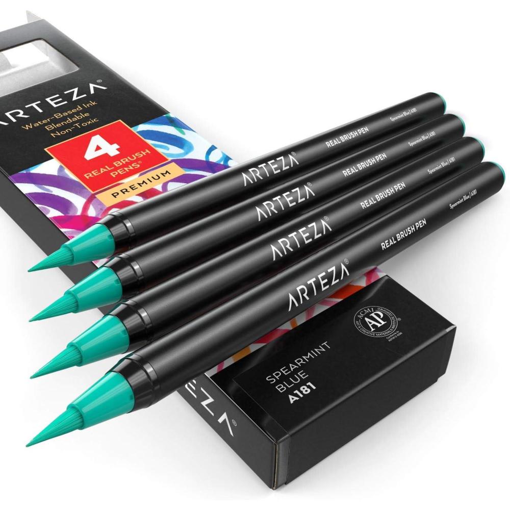 imageArteza Real Brush Pens A152 Acid Green Pack of 4 Watercolor Pens with Nylon Brush Tips Art Supplies for DryBrush Painting Sketching Coloring amp CalligraphyA181 Spearmint Blue