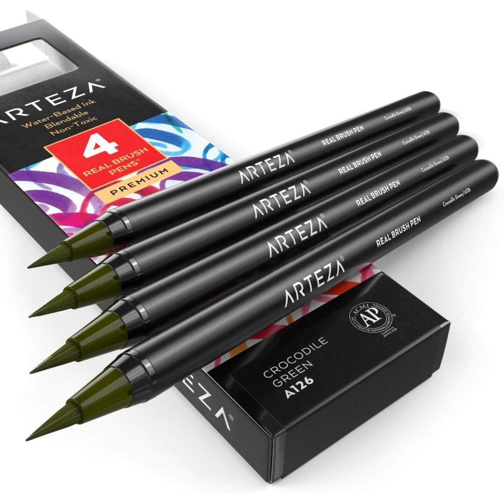 imageArteza Real Brush Pens A152 Acid Green Pack of 4 Watercolor Pens with Nylon Brush Tips Art Supplies for DryBrush Painting Sketching Coloring amp CalligraphyA126 Crocodile Green