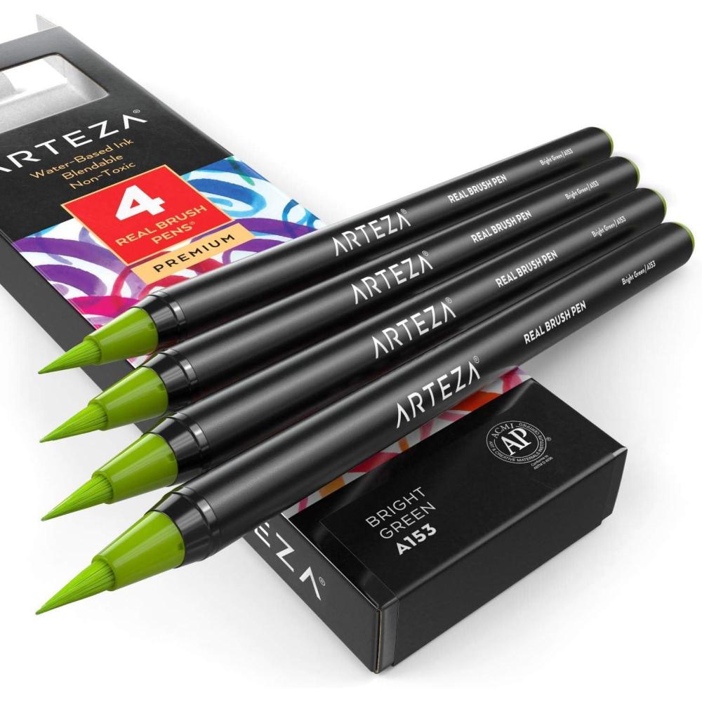 imageArteza Real Brush Pens A152 Acid Green Pack of 4 Watercolor Pens with Nylon Brush Tips Art Supplies for DryBrush Painting Sketching Coloring amp CalligraphyA153 Bright Green