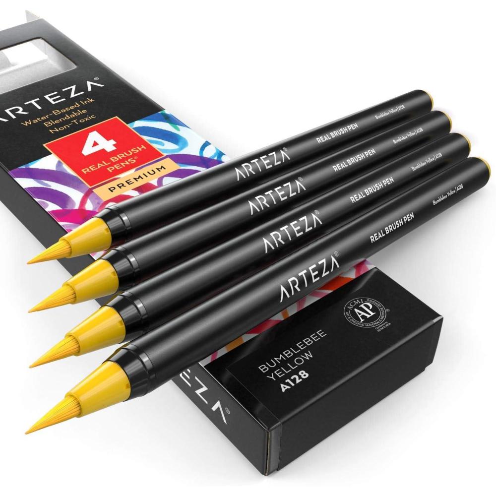 imageArteza Real Brush Pens A152 Acid Green Pack of 4 Watercolor Pens with Nylon Brush Tips Art Supplies for DryBrush Painting Sketching Coloring amp CalligraphyA128 Bumblebee Yellow
