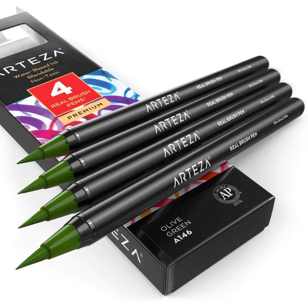 imageArteza Real Brush Pens A152 Acid Green Pack of 4 Watercolor Pens with Nylon Brush Tips Art Supplies for DryBrush Painting Sketching Coloring amp CalligraphyA146 Olive Green
