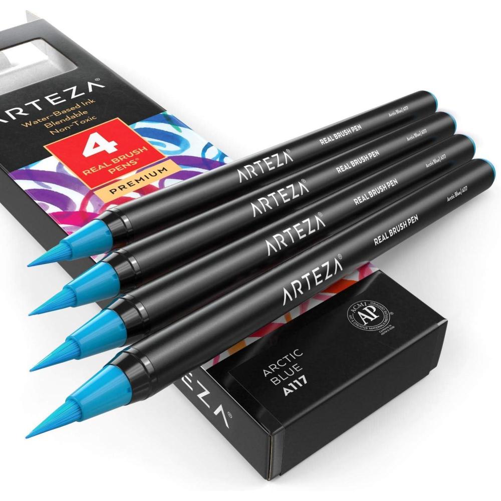 imageArteza Real Brush Pens A152 Acid Green Pack of 4 Watercolor Pens with Nylon Brush Tips Art Supplies for DryBrush Painting Sketching Coloring amp CalligraphyA117 Arctic Blue