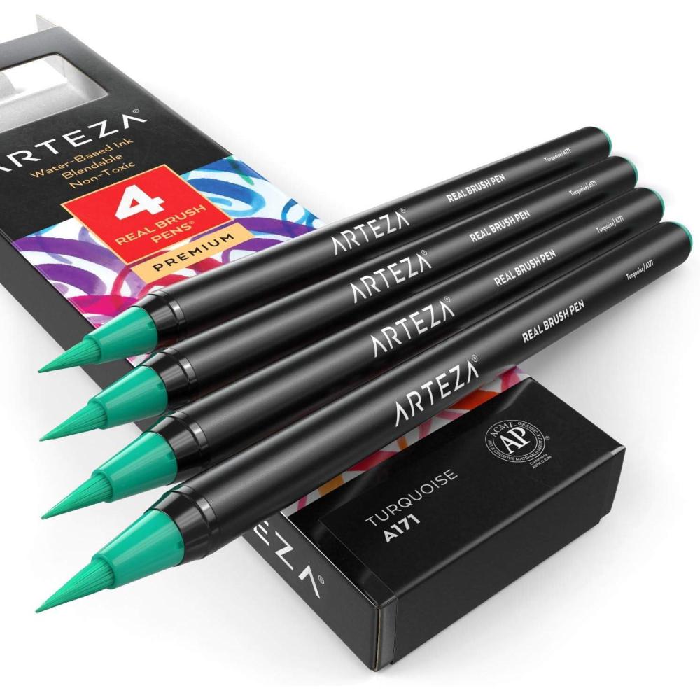 imageArteza Real Brush Pens A152 Acid Green Pack of 4 Watercolor Pens with Nylon Brush Tips Art Supplies for DryBrush Painting Sketching Coloring amp CalligraphyA171 Turquoise