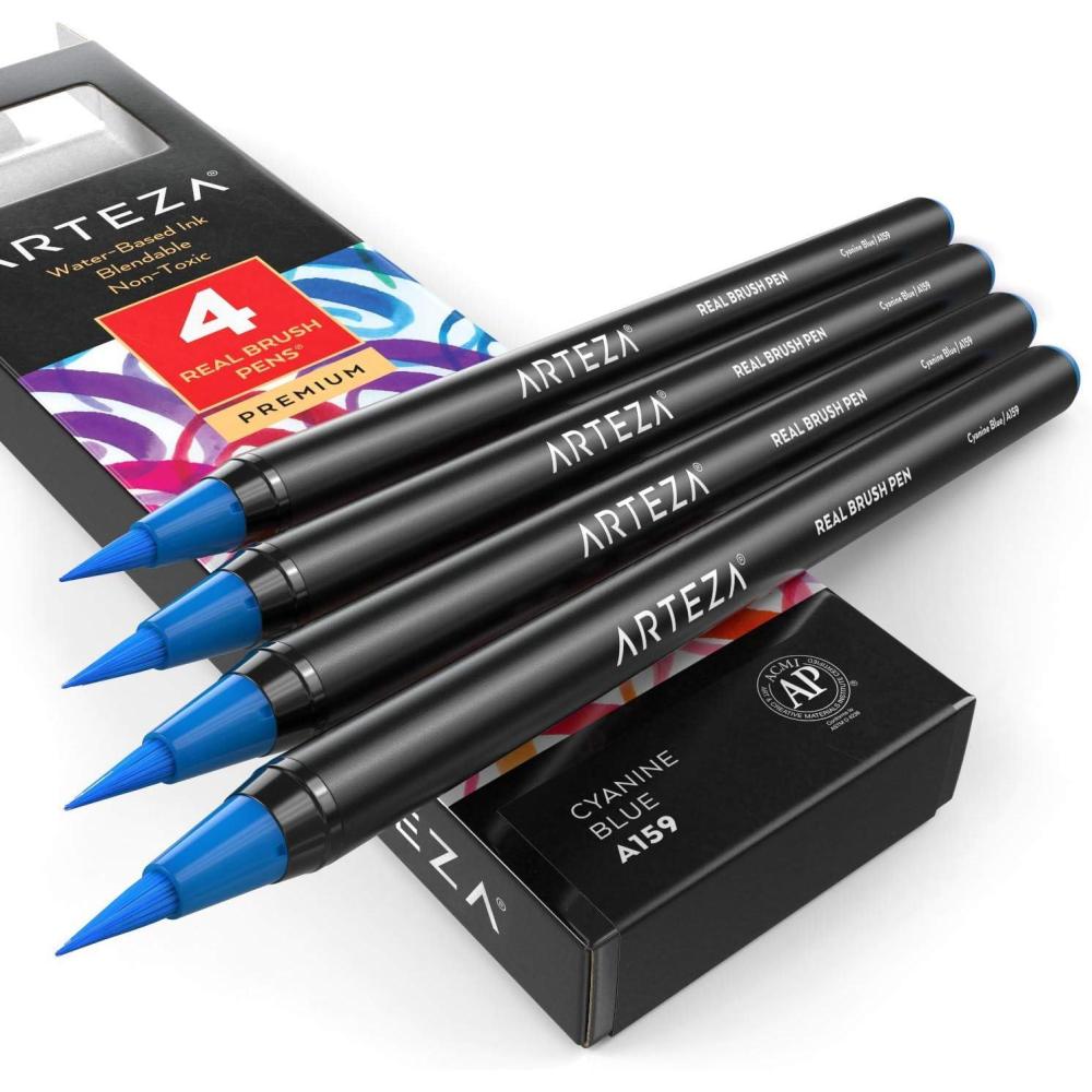imageArteza Real Brush Pens A152 Acid Green Pack of 4 Watercolor Pens with Nylon Brush Tips Art Supplies for DryBrush Painting Sketching Coloring amp CalligraphyA159 Cyanine Blue