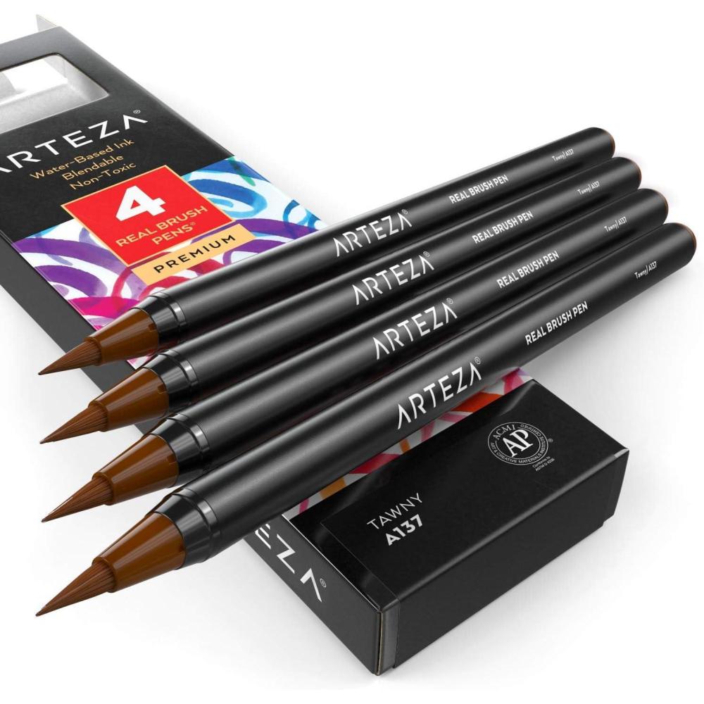 imageArteza Real Brush Pens A152 Acid Green Pack of 4 Watercolor Pens with Nylon Brush Tips Art Supplies for DryBrush Painting Sketching Coloring amp CalligraphyA137 Tawny