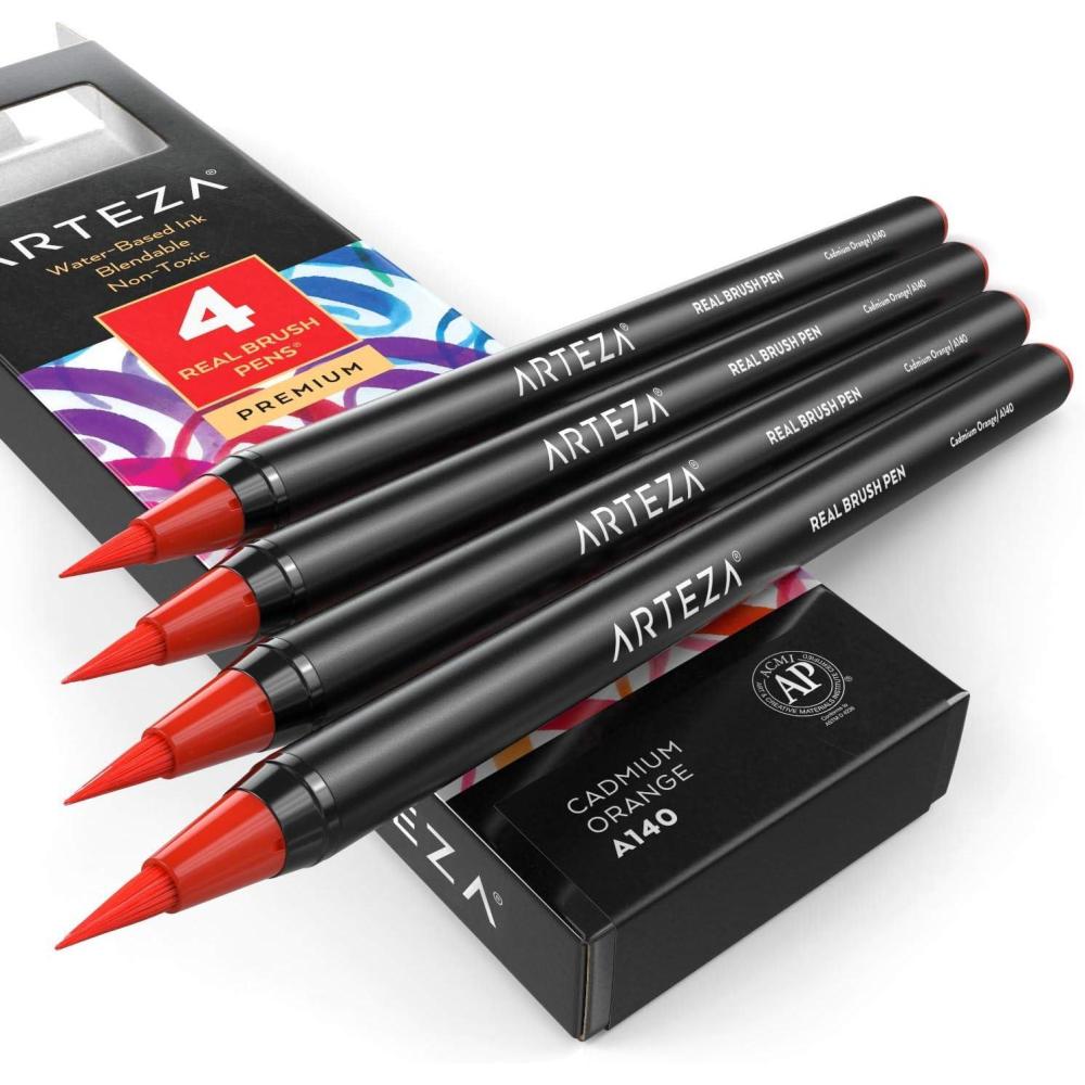 imageArteza Real Brush Pens A152 Acid Green Pack of 4 Watercolor Pens with Nylon Brush Tips Art Supplies for DryBrush Painting Sketching Coloring amp CalligraphyA140 Cadmium Orange