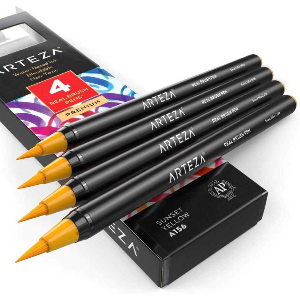 imageArteza Real Brush Pens A152 Acid Green Pack of 4 Watercolor Pens with Nylon Brush Tips Art Supplies for DryBrush Painting Sketching Coloring amp CalligraphyA156 Sunset Yellow