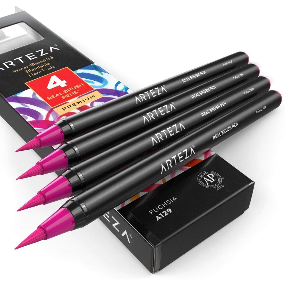 imageArteza Real Brush Pens A152 Acid Green Pack of 4 Watercolor Pens with Nylon Brush Tips Art Supplies for DryBrush Painting Sketching Coloring amp CalligraphyA129 Fuchsia