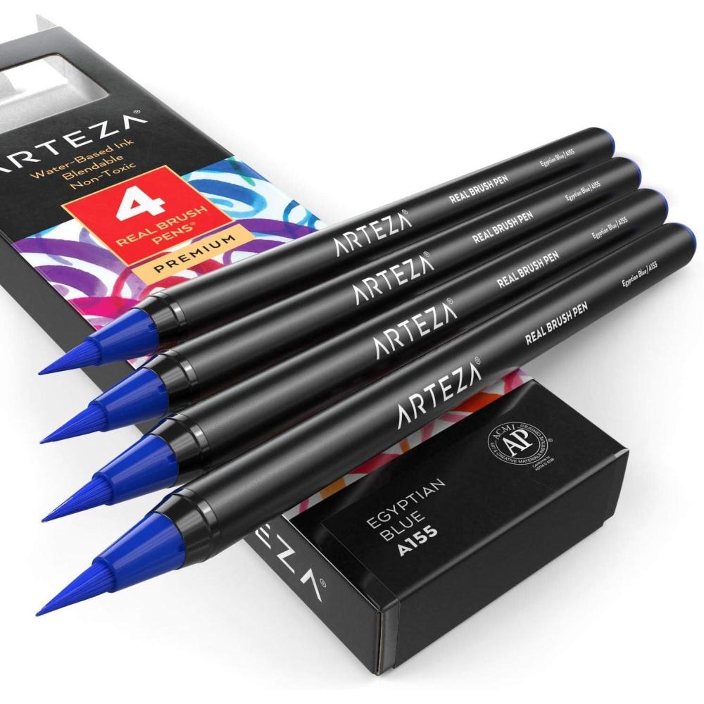 imageArteza Real Brush Pens A152 Acid Green Pack of 4 Watercolor Pens with Nylon Brush Tips Art Supplies for DryBrush Painting Sketching Coloring amp CalligraphyA155 Egyptian Blue
