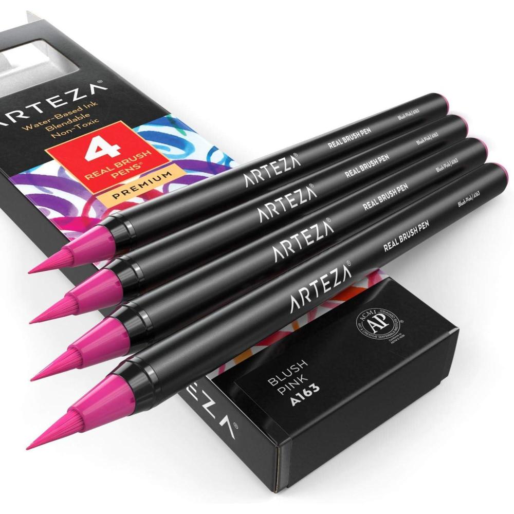 imageArteza Real Brush Pens A152 Acid Green Pack of 4 Watercolor Pens with Nylon Brush Tips Art Supplies for DryBrush Painting Sketching Coloring amp CalligraphyA163 Blush Pink
