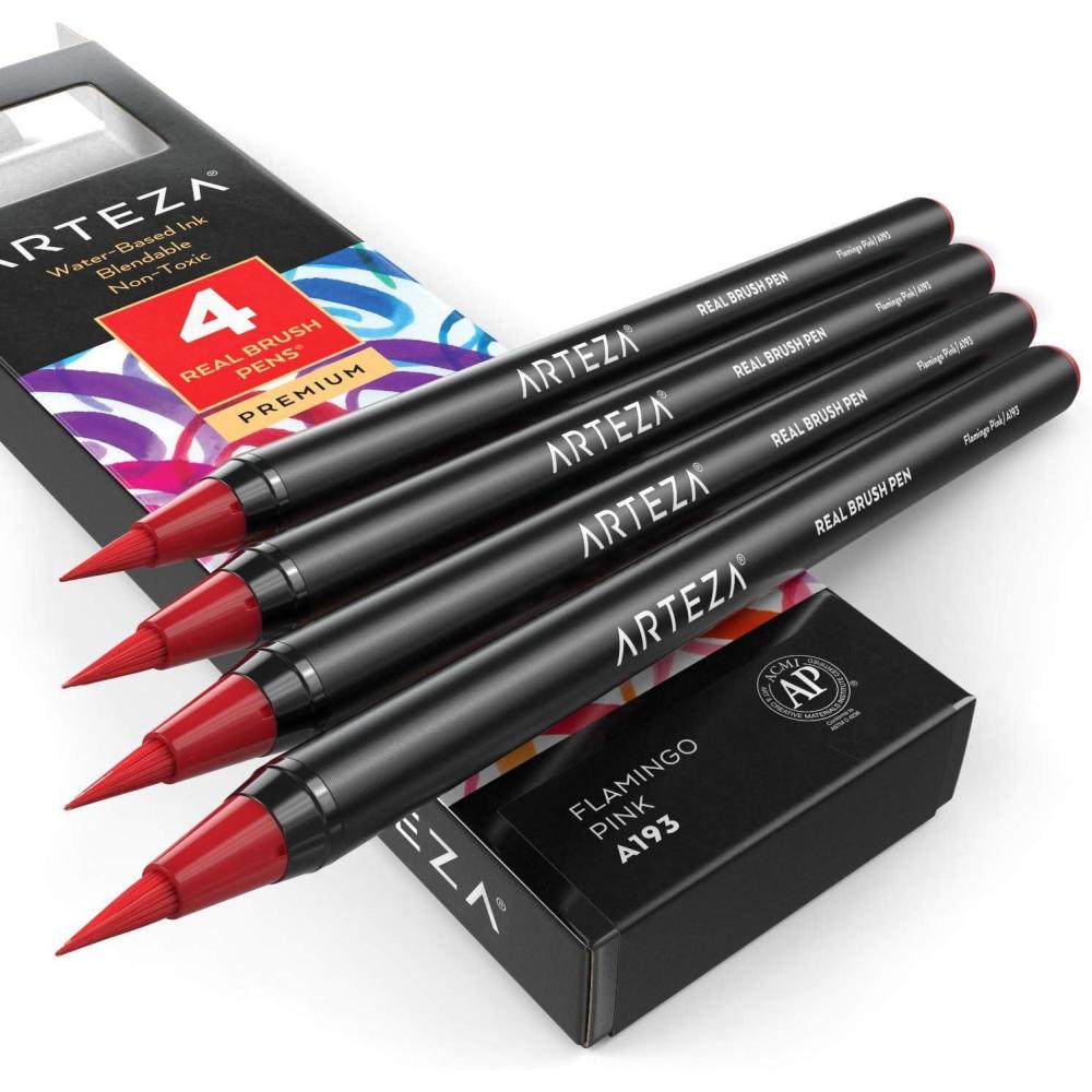 imageArteza Real Brush Pens A152 Acid Green Pack of 4 Watercolor Pens with Nylon Brush Tips Art Supplies for DryBrush Painting Sketching Coloring amp CalligraphyA193 Flamingo Pink