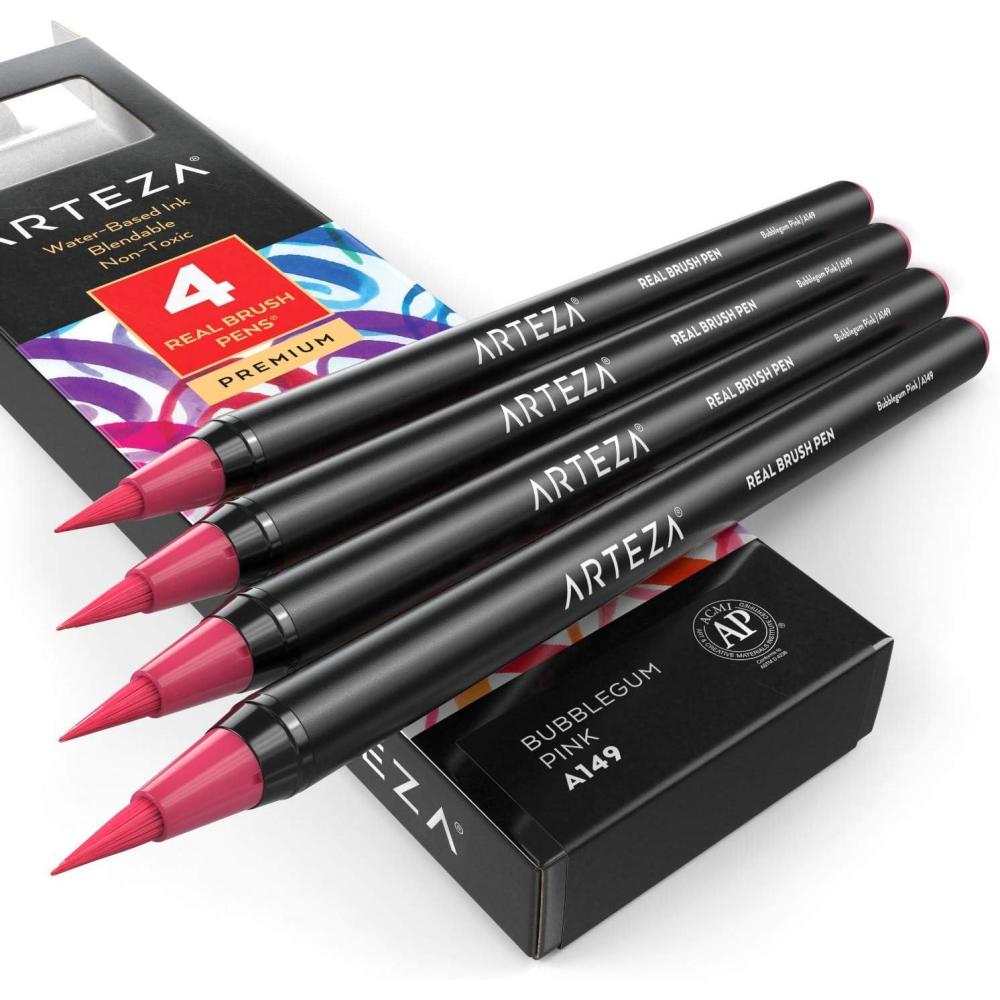 imageArteza Real Brush Pens A152 Acid Green Pack of 4 Watercolor Pens with Nylon Brush Tips Art Supplies for DryBrush Painting Sketching Coloring amp CalligraphyA149 Bubblegum Pink