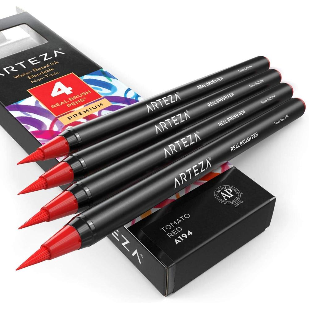 imageArteza Real Brush Pens A152 Acid Green Pack of 4 Watercolor Pens with Nylon Brush Tips Art Supplies for DryBrush Painting Sketching Coloring amp CalligraphyA194 Tomato Red