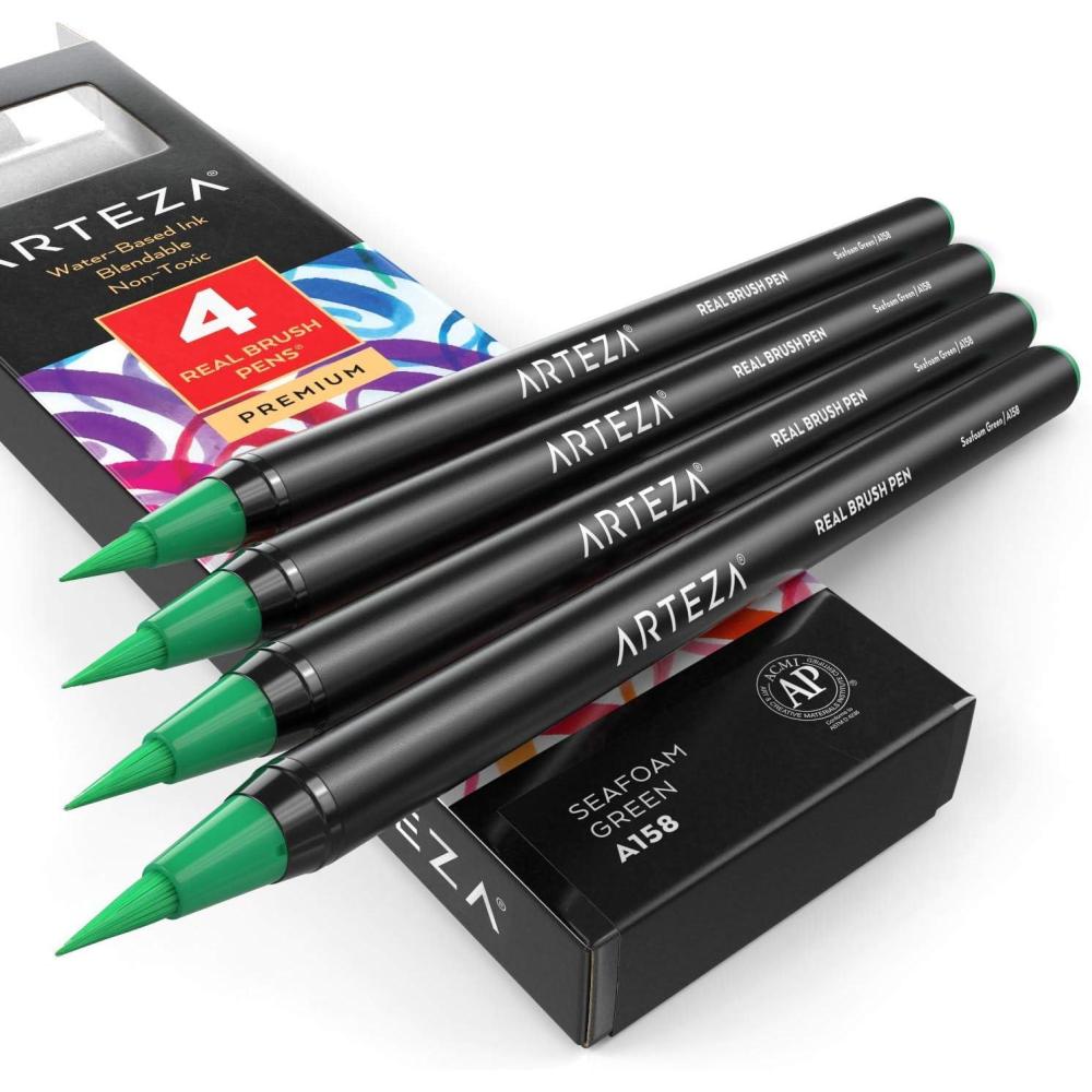 imageArteza Real Brush Pens A152 Acid Green Pack of 4 Watercolor Pens with Nylon Brush Tips Art Supplies for DryBrush Painting Sketching Coloring amp CalligraphyA158 Seafoam Green