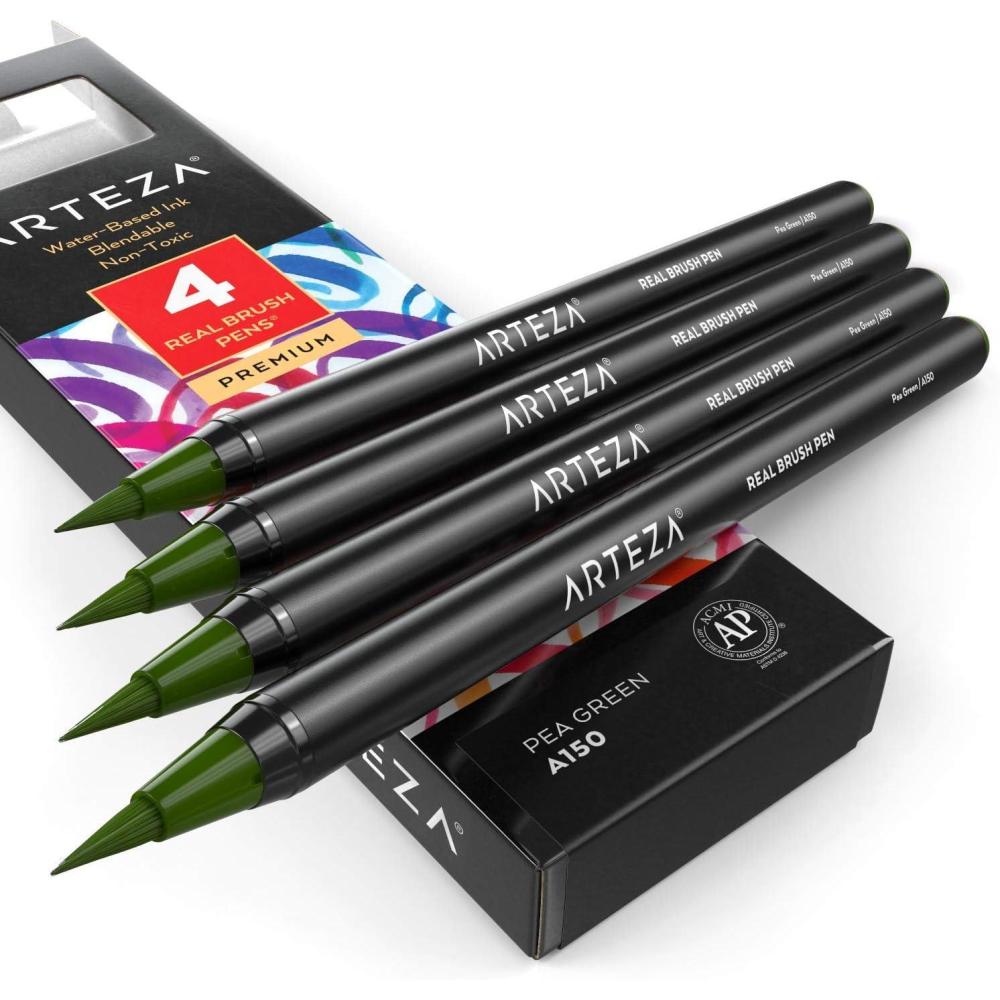 imageArteza Real Brush Pens A152 Acid Green Pack of 4 Watercolor Pens with Nylon Brush Tips Art Supplies for DryBrush Painting Sketching Coloring amp CalligraphyA150 Pea Green
