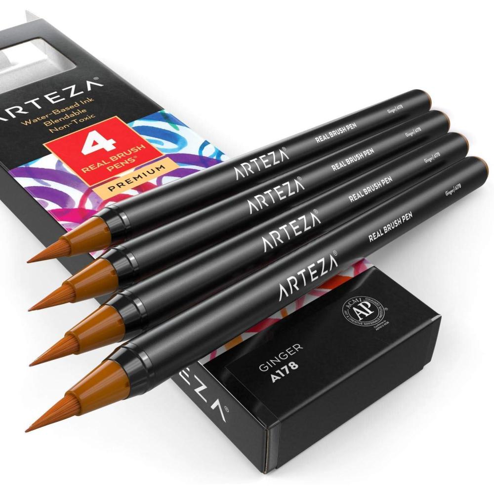 imageArteza Real Brush Pens A152 Acid Green Pack of 4 Watercolor Pens with Nylon Brush Tips Art Supplies for DryBrush Painting Sketching Coloring amp CalligraphyA178 Ginger