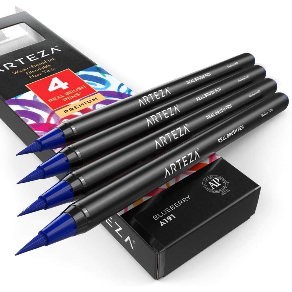 imageArteza Real Brush Pens A152 Acid Green Pack of 4 Watercolor Pens with Nylon Brush Tips Art Supplies for DryBrush Painting Sketching Coloring amp CalligraphyA191 Blueberry
